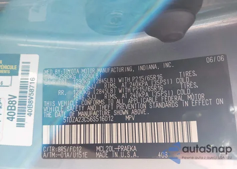 2006 Toyota Sienna Le из США, поврежденный, VIN 5TDZA23C56S516012